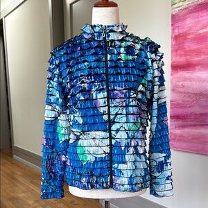 Elegant Blue and White Ruffled Cardigan